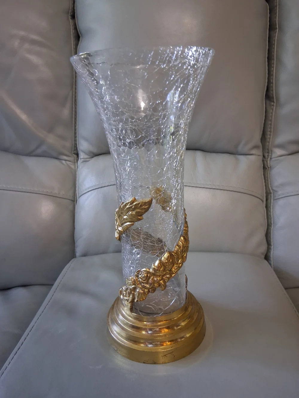 Vintage Brass & Crackled Glass Vase